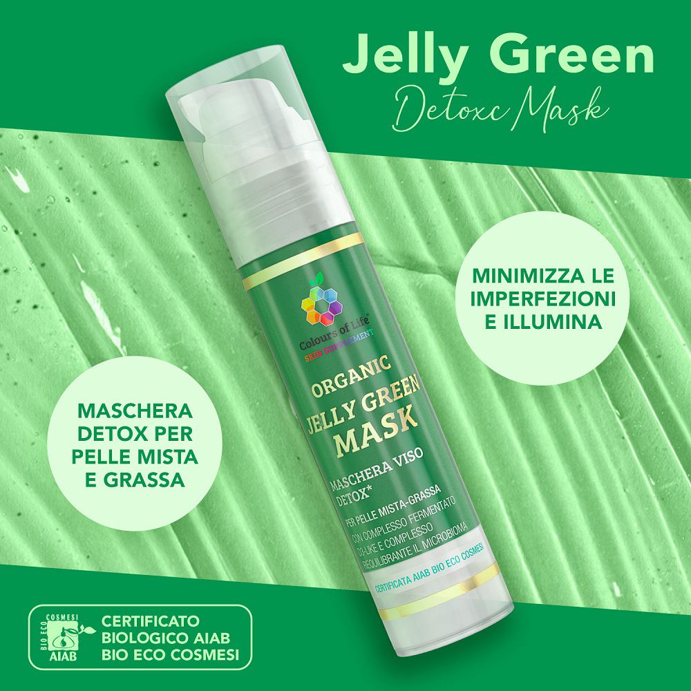Flasche der "Colours Of Life Organic Jelly Green Mask" auf grünem Hintergrund.