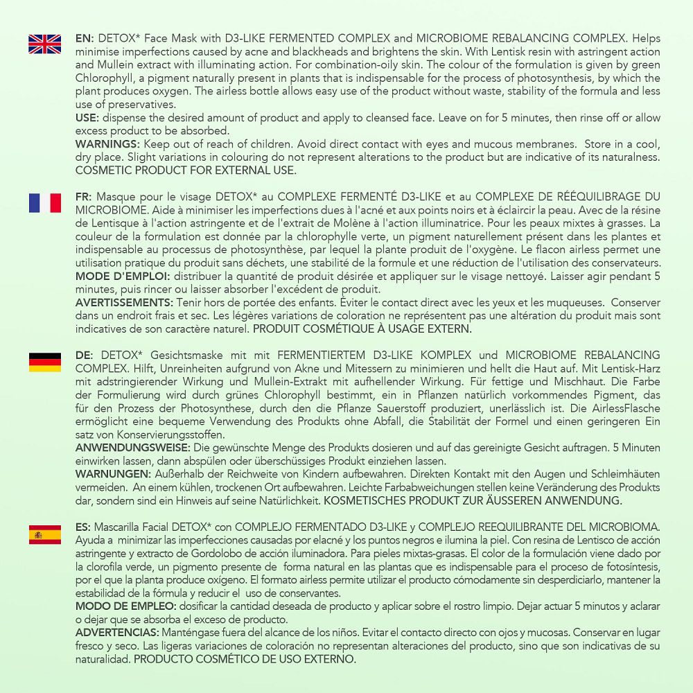 Mehrsprachige Produktinformationen für die "Colours Of Life Organic Jelly Green Mask".