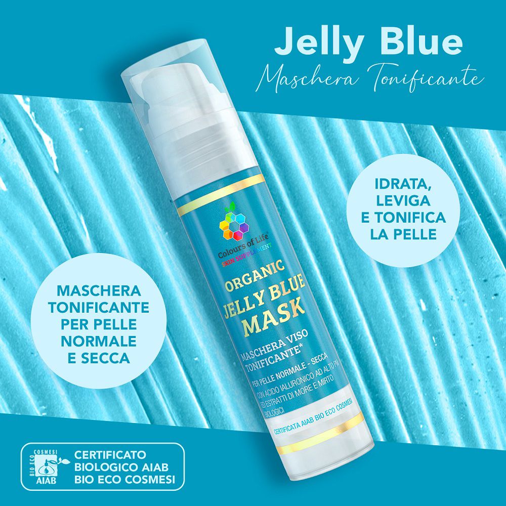 Colours of Life Organic Jelly Blue Mask Spender auf blauem Hintergrund.