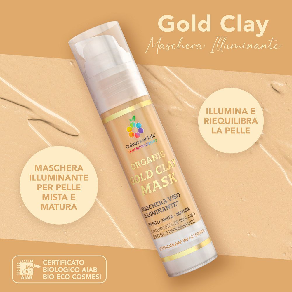 Gold-Tonmaske im Spender auf cremiger Textur. Zertifiziert biologisch.