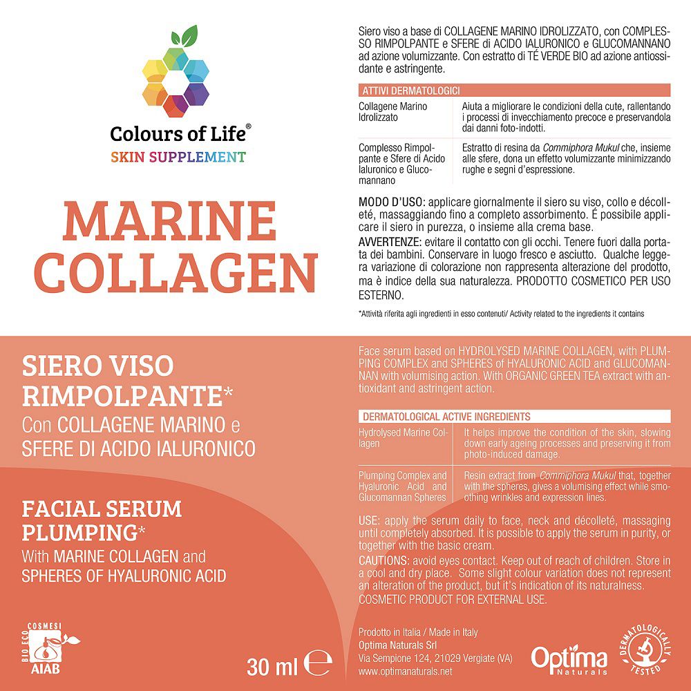 Rückseite der Colours of Life Marine Collagen Gesichtsserum-Verpackung mit Produktinformationen.