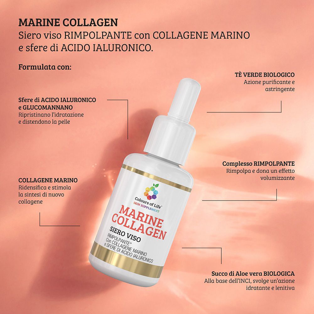 Flasche des Gesichtsserums Colours of Life Marine Collagen mit Hervorhebung der Inhaltsstoffe.