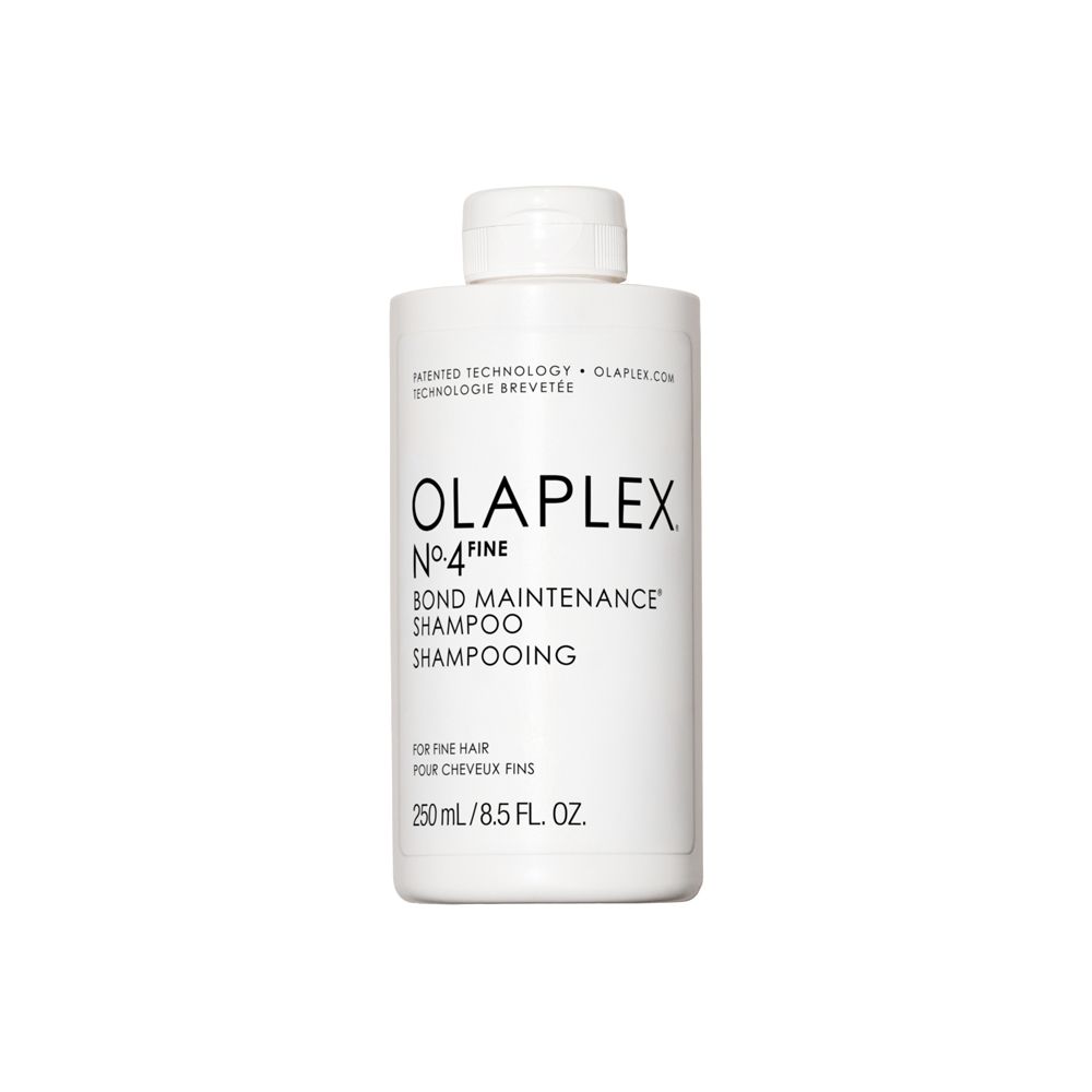 Weiße Flasche mit schwarzem Text. Enthält Olaplex No.4 Bond Maintenance Shampoo. 250 ml/8.5 Fl. Oz.