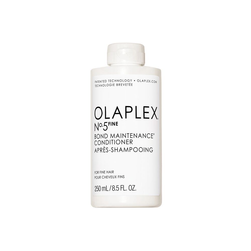 Weiße Flasche mit Olaplex No.5 Fine Bond Maintenance Conditioner. Schwarze Schrift. 250ml/8.5 FL. OZ.