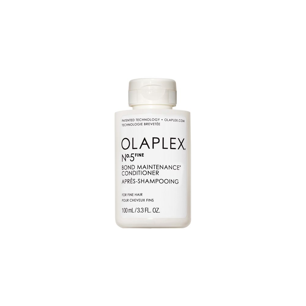 Kleine, weiße Flasche Olaplex N°.5 FINE Bond Maintenance Conditioner. Mit weißem Deckel. Text: Après-Shampooing.