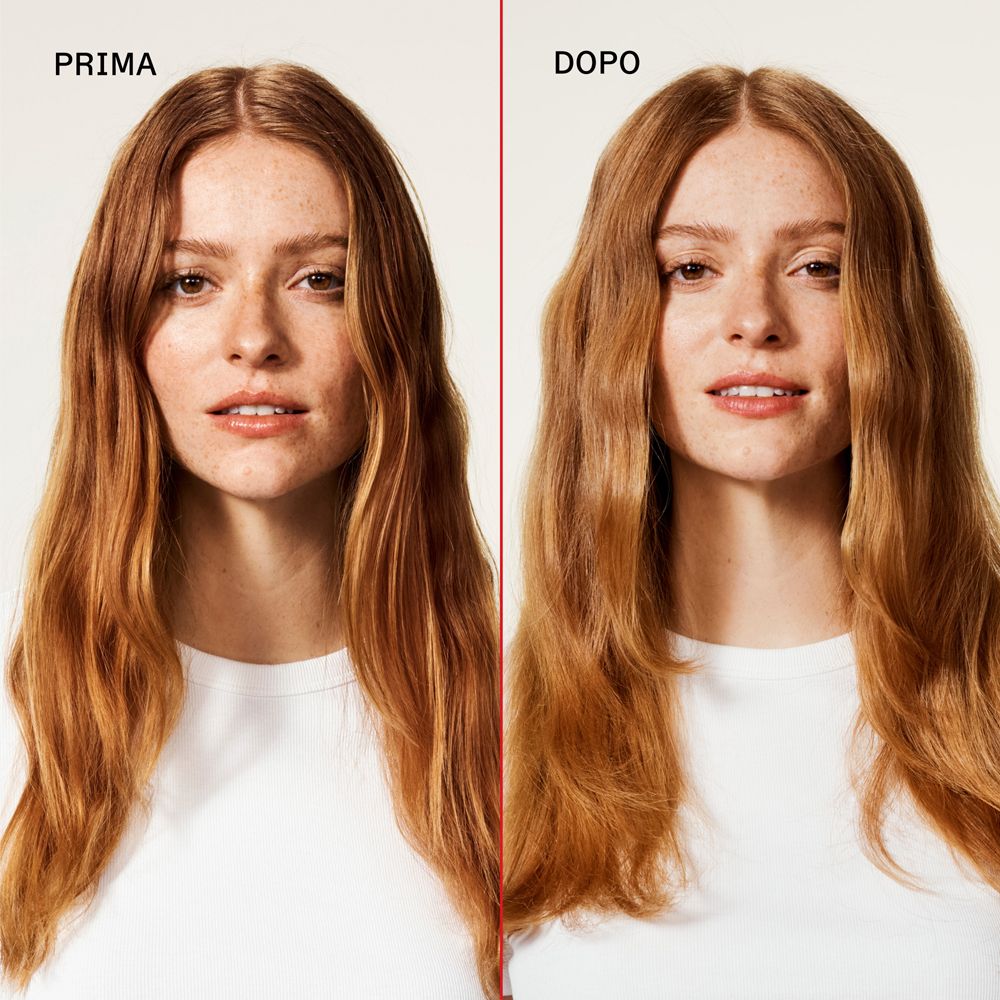 Vorher-Nachher-Bild. Frau mit rotem Haar. Links: PRIMA. Rechts: DOPO.