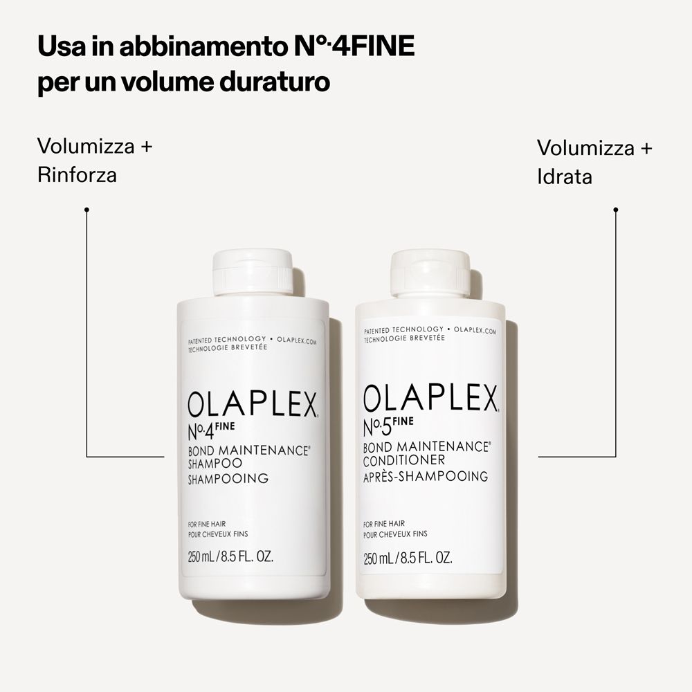 Zwei Flaschen Olaplex Shampoo und Conditioner. Text: N°.4FINE, N°.5FINE. Für feines Haar.