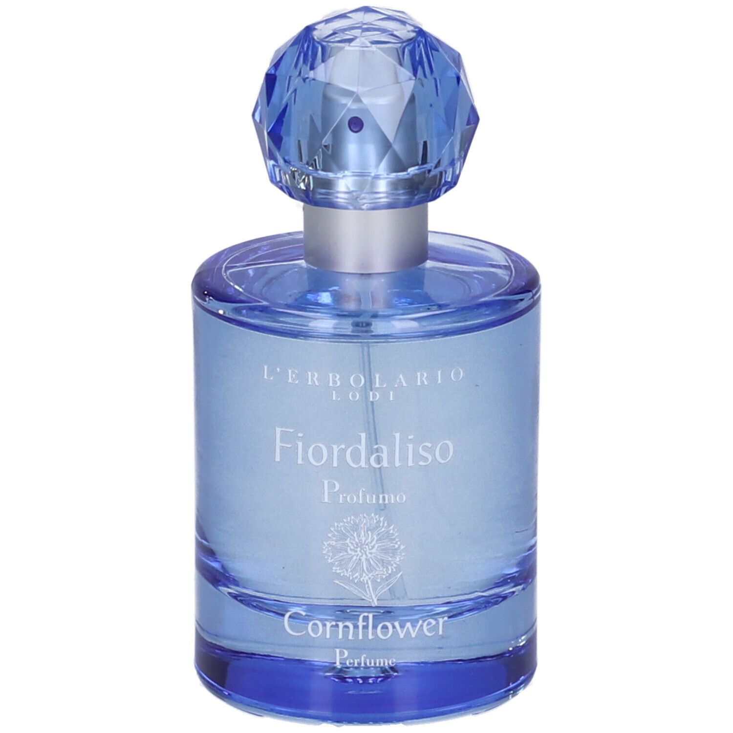Blaues Parfumflakon mit blauem Deckel. Aufschrift: L'Erbolario, Fiordaliso, Profumo, Cornflower Perfume.