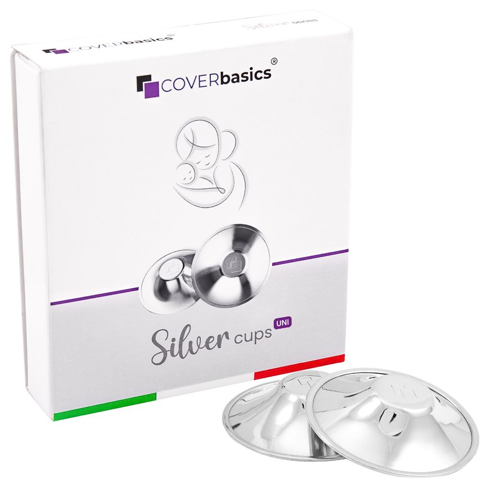 Verpackung mit zwei silbernen Brustwarzenschalen und Herstellerlogo.