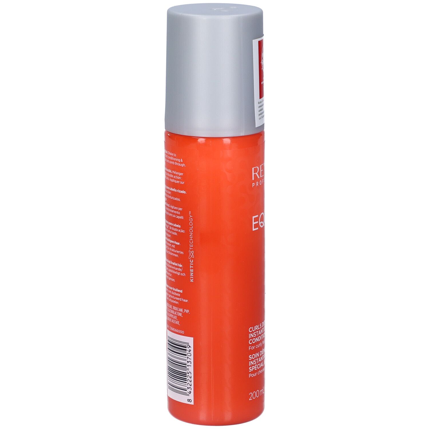 Orangefarbene Sprühflasche mit grauem Deckel. Rückseite mit Text und Barcode. Produktname: Revlon EQUAVE.