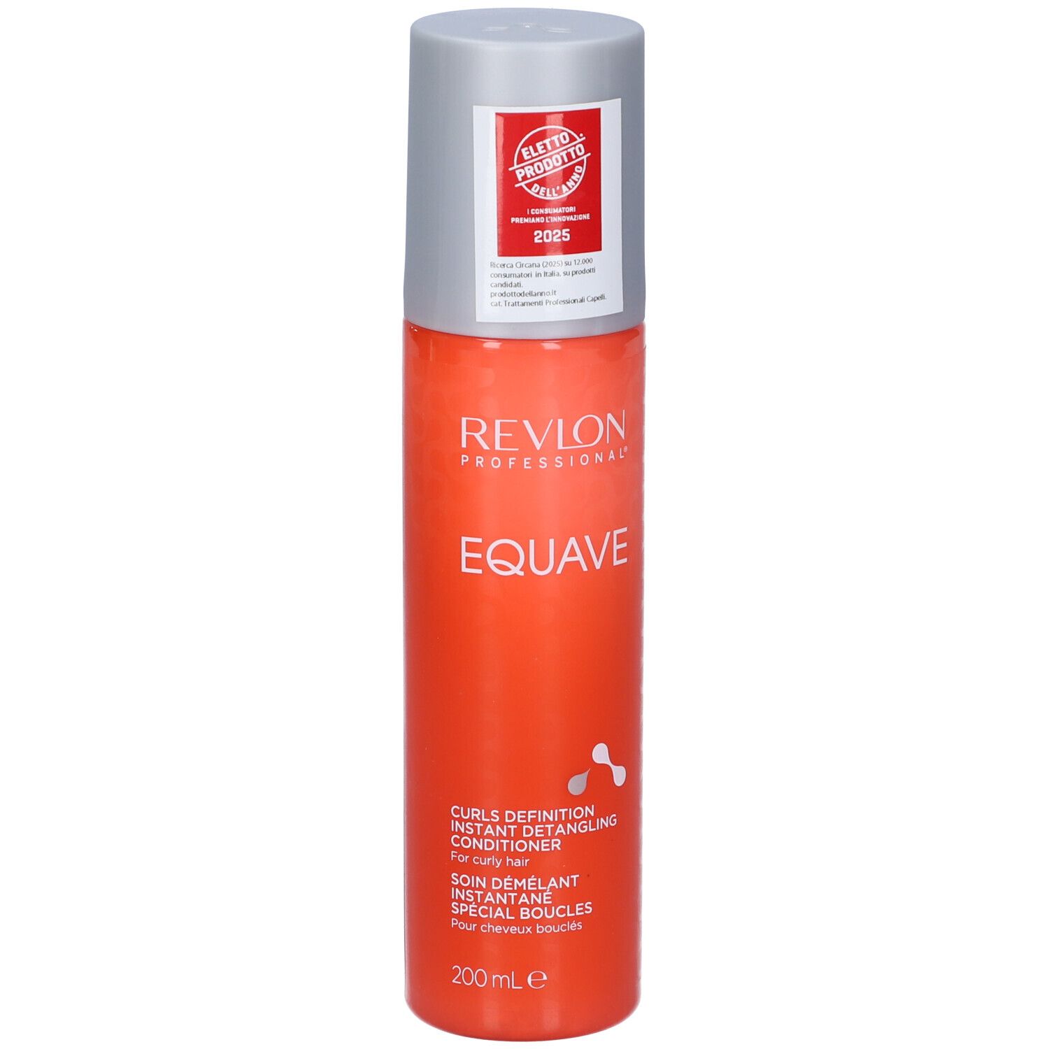 Orangefarbene Sprühflasche mit grauem Deckel. Aufschrift: Revlon EQUAVE, Curls Definition, Instant Detangling Conditioner. 200 ml.