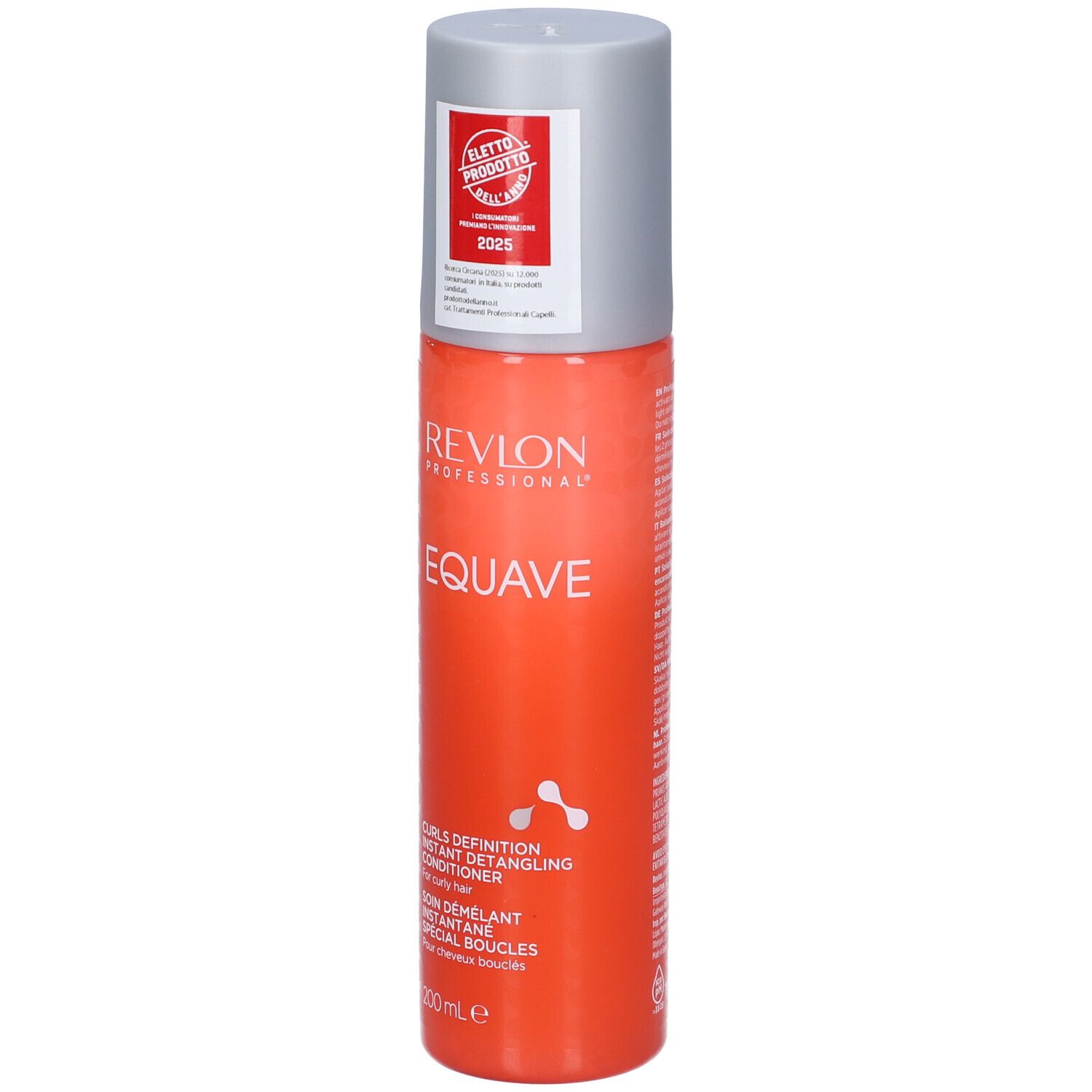 Orangefarbene Sprühflasche mit grauem Deckel. Aufschrift: Revlon EQUAVE, Curls Definition, Instant Detangling Conditioner. 200 ml.