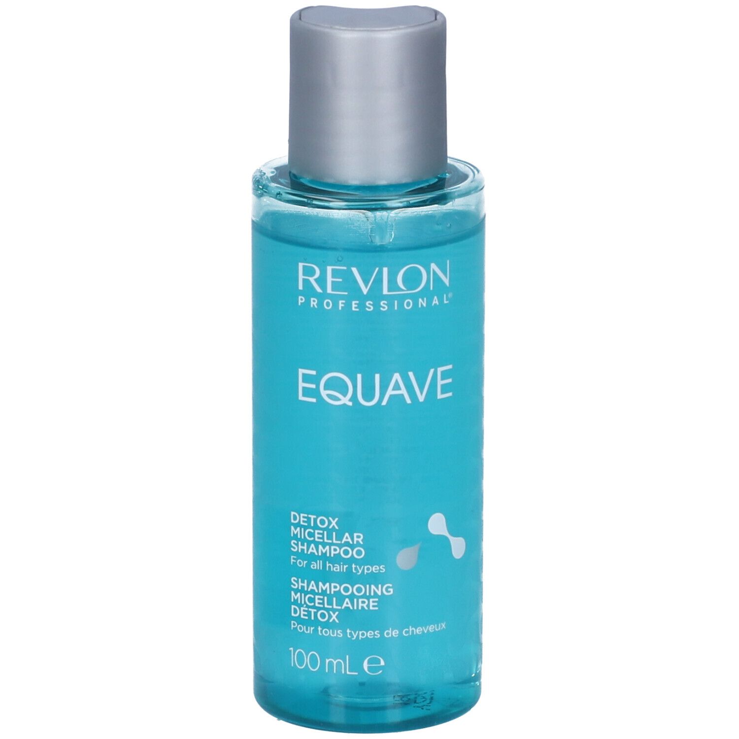 Blau-transparente Flasche mit silbernem Deckel. Aufschrift: Revlon Professional, Equave, Detox Micellar Shampoo. 100 ml.