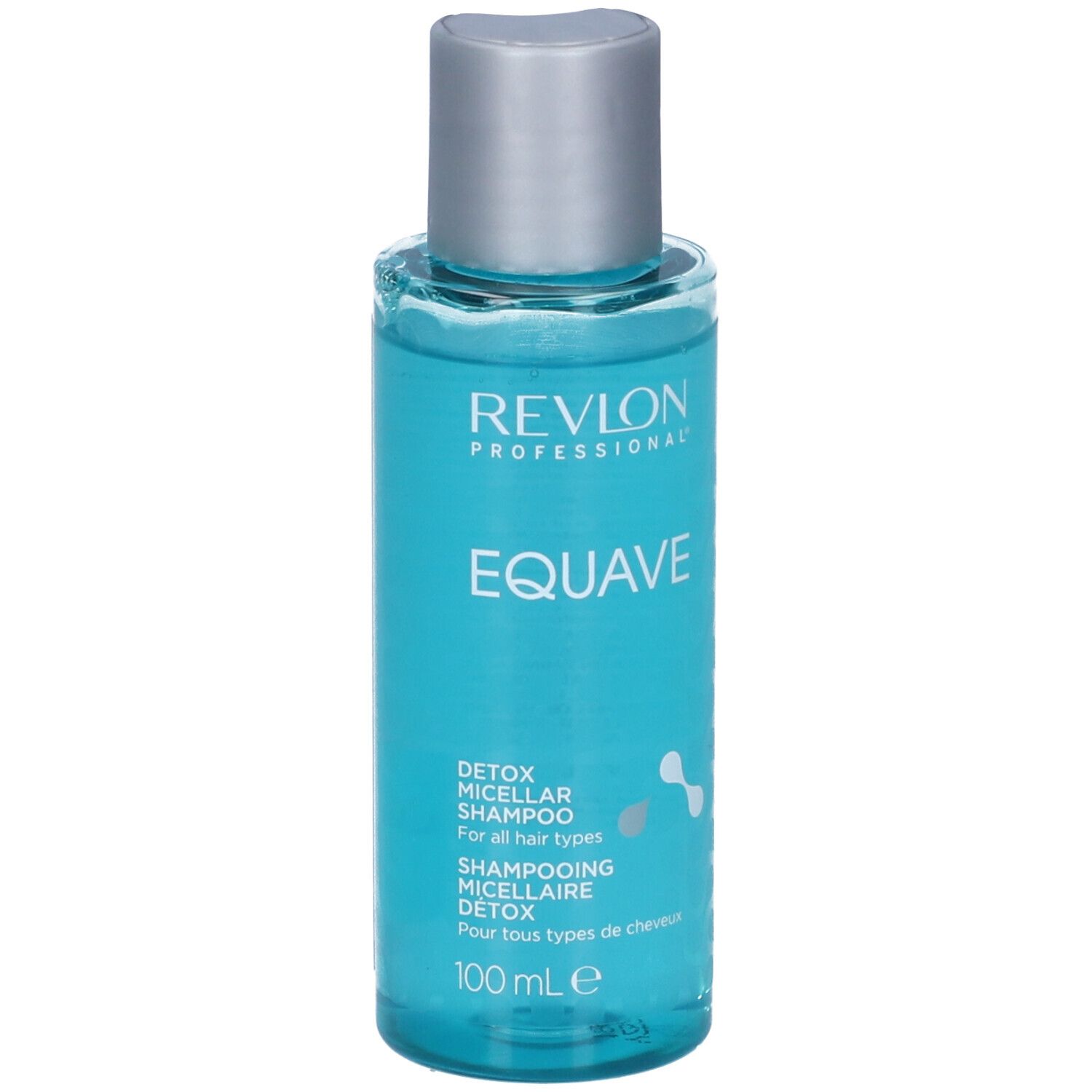 Blau-transparente Flasche mit silbernem Deckel. Aufschrift: Revlon Professional, Equave, Detox Micellar Shampoo. 100 ml.