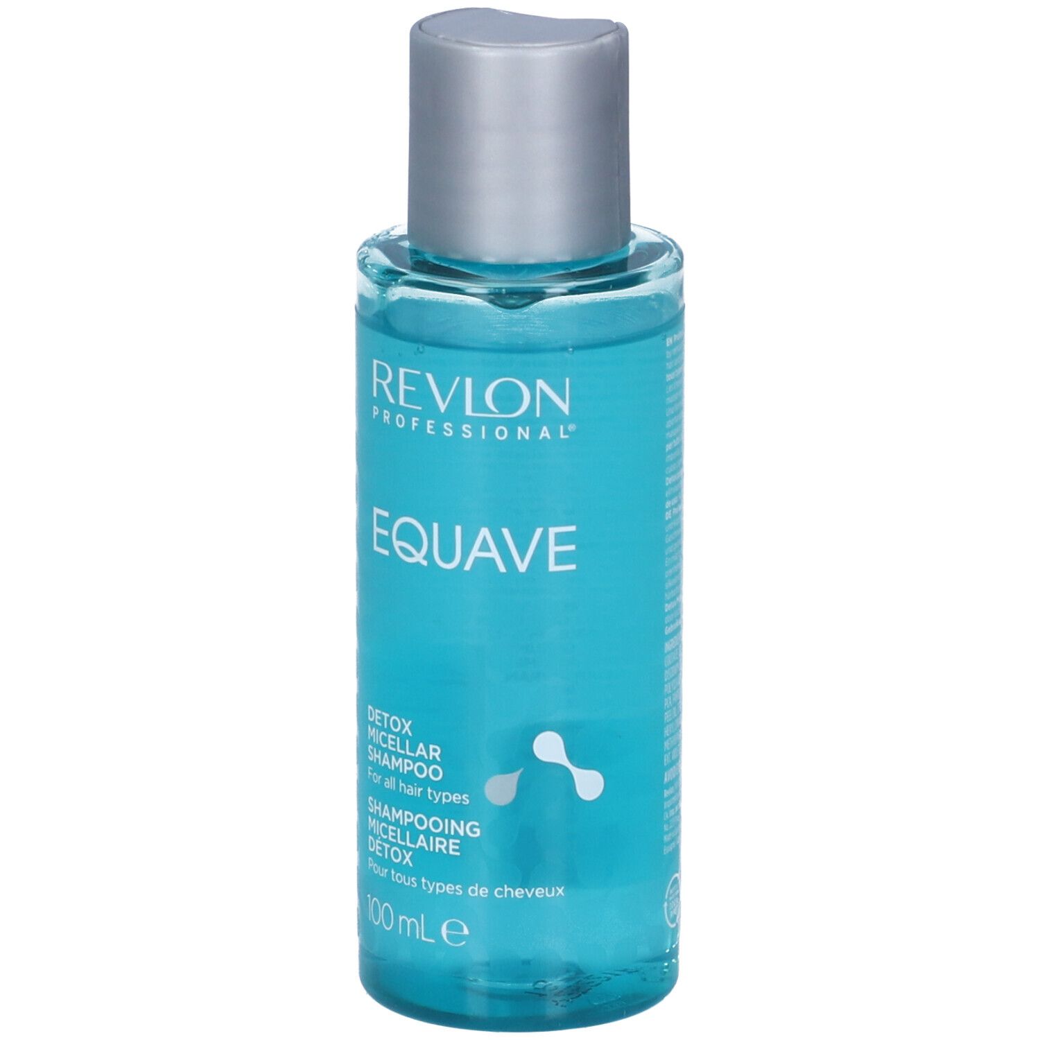 Blau-transparente Flasche mit silbernem Deckel. Aufschrift: Revlon Professional, Equave, Detox Micellar Shampoo. 100 ml.