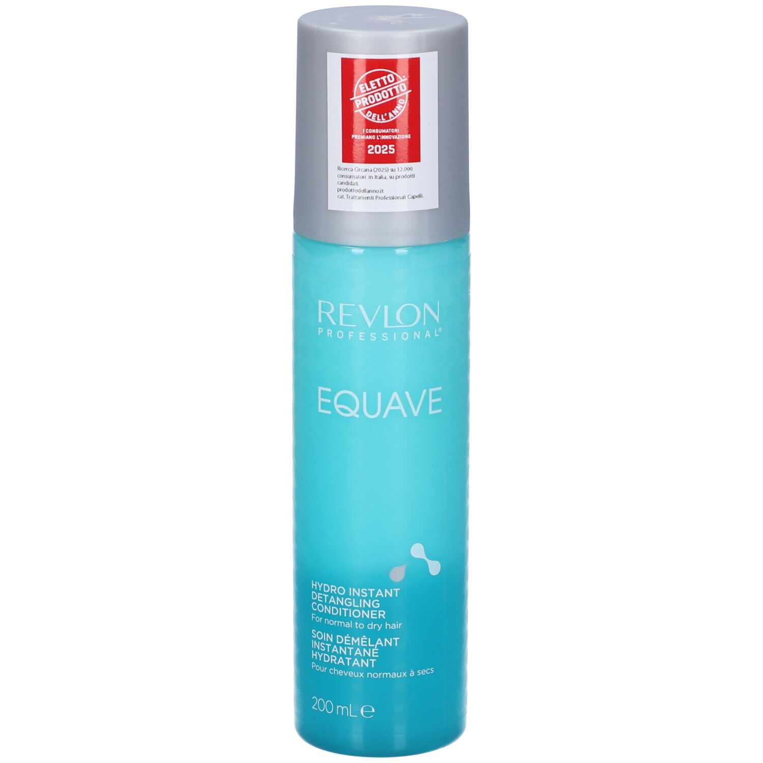 Türkisgrüne Sprühflasche mit silbernem Deckel. Aufschrift: Revlon EQUAVE. Hydro Instant Detangling Conditioner. 200 ml.