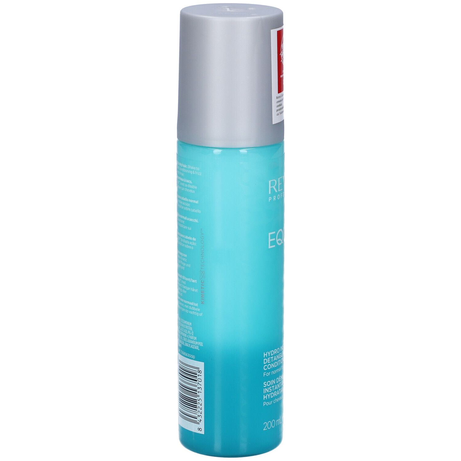 Rückseite einer türkisfarbenen Sprühflasche mit silbernem Deckel. Text und Barcode.