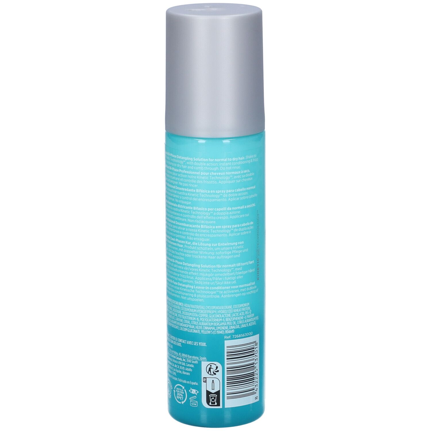 Rückseite einer türkisfarbenen Sprühflasche mit silbernem Deckel. Text und Barcode.