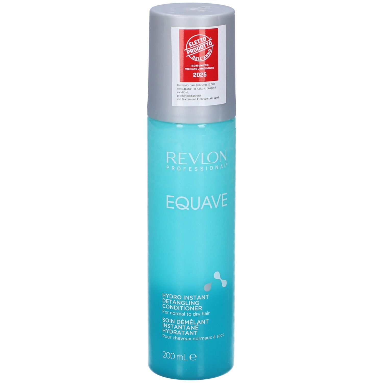 Türkisgrüne Sprühflasche mit silbernem Deckel. Aufschrift: Revlon EQUAVE. Hydro Instant Detangling Conditioner. 200 ml.