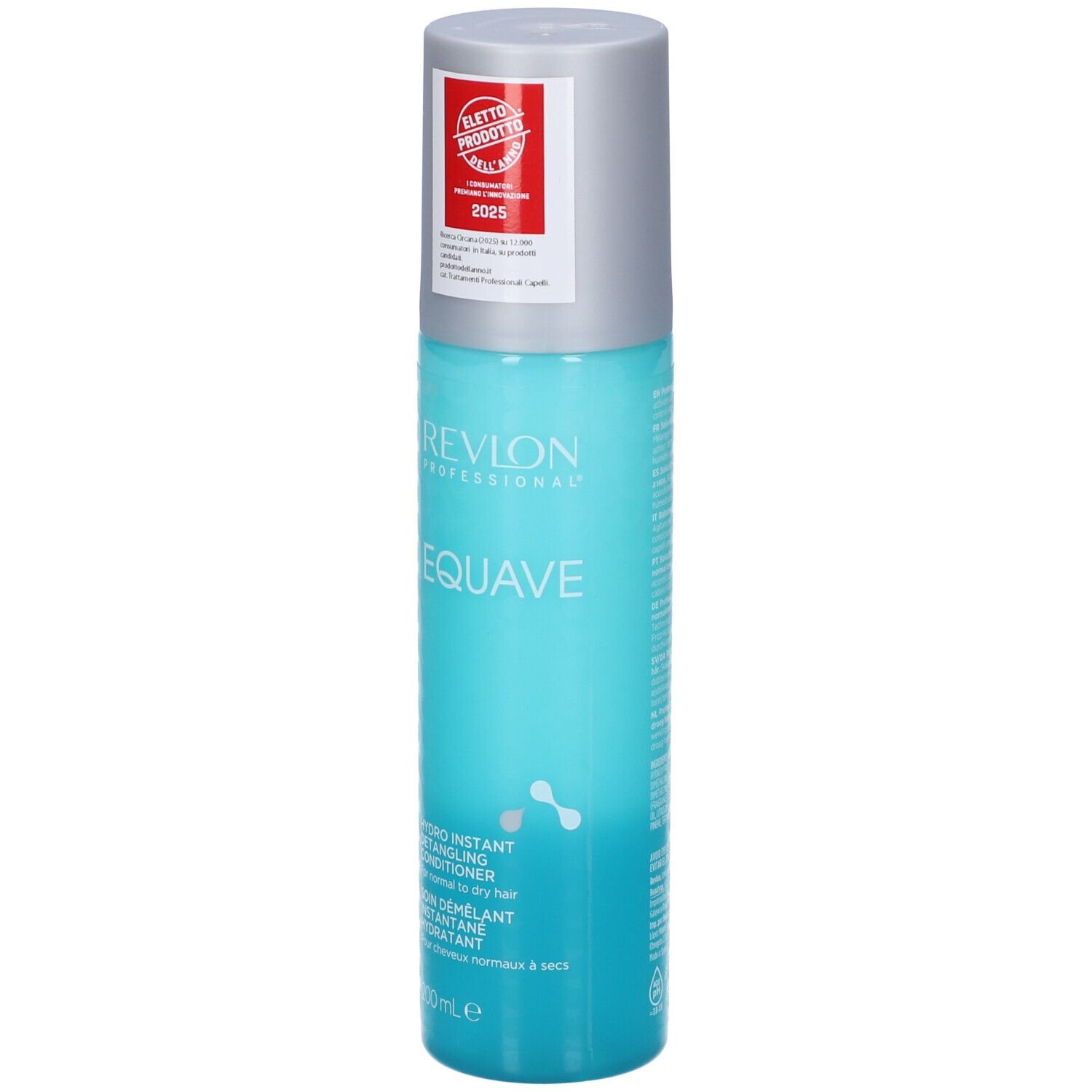 Türkisgrüne Sprühflasche mit silbernem Deckel. Aufschrift: Revlon EQUAVE. Hydro Instant Detangling Conditioner. 200 ml.