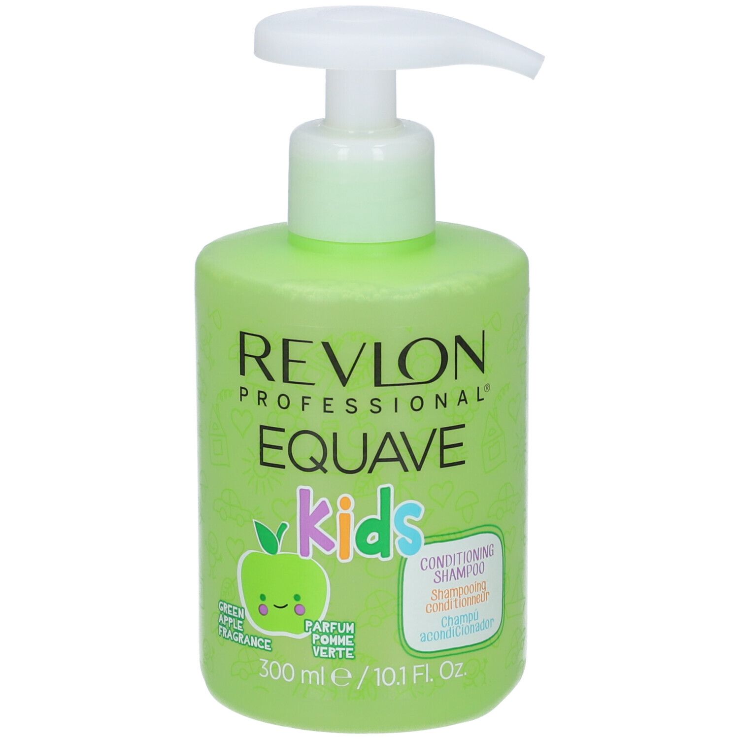Grüne Shampoo-Flasche mit weißem Pumpkopf. Aufschrift: Revlon Equave Kids, Apfelduft. 300 ml.