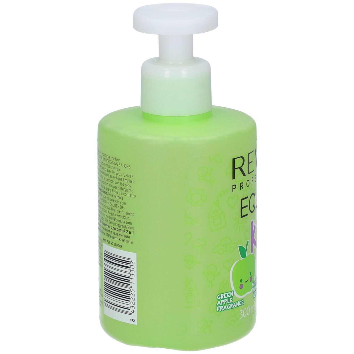 Grüne Shampoo-Flasche mit weißem Pumpkopf. Rückseite mit Text und Barcode. Revlon Equave Kids.