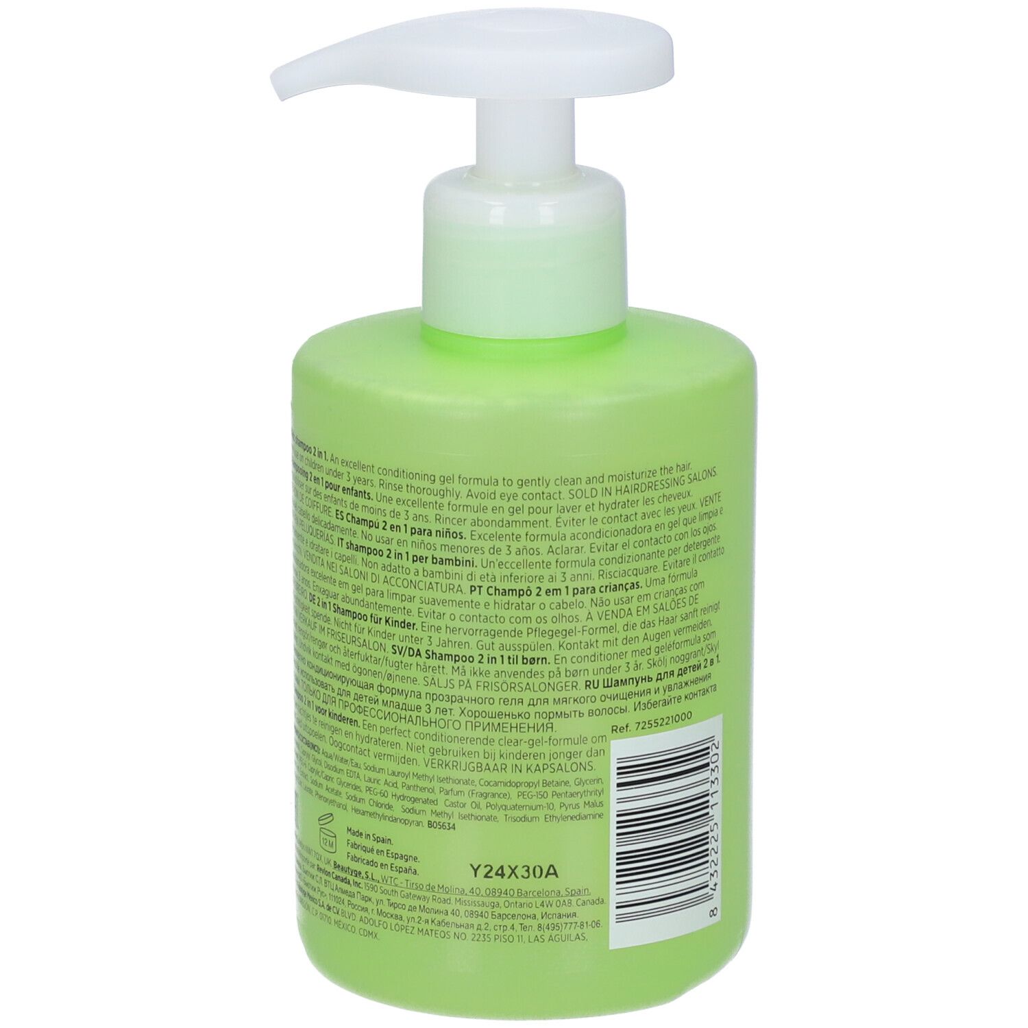 Grüne Shampoo-Flasche mit weißem Pumpkopf. Rückseite mit Text. Revlon Equave Kids.