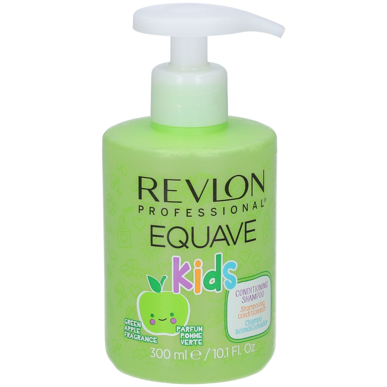 Grüne Shampoo-Flasche mit weißem Pumpkopf. Aufschrift: Revlon Equave Kids, Apfelduft. 300 ml.