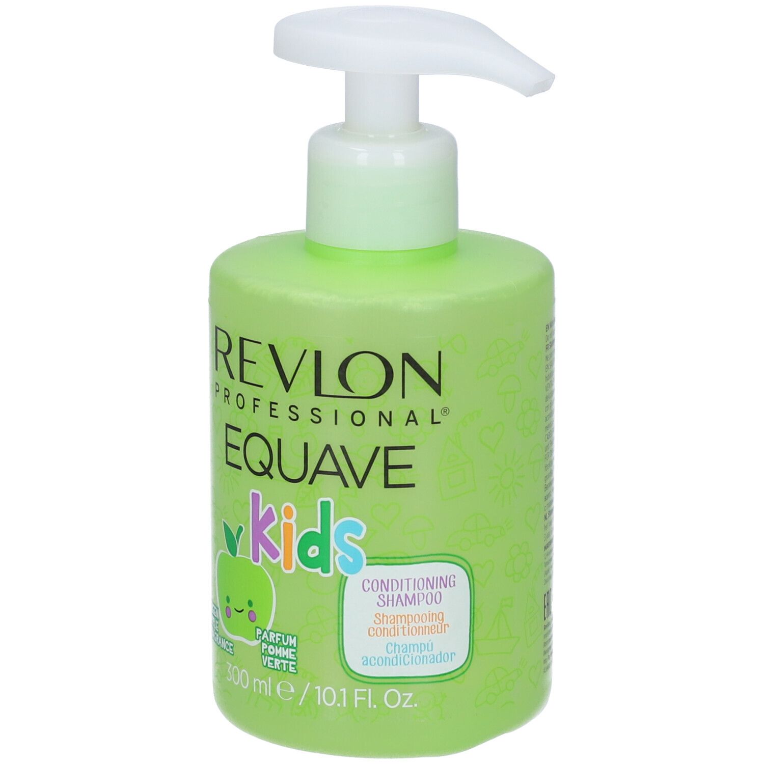 Grüne Shampoo-Flasche mit weißem Pumpkopf. Aufschrift: Revlon Equave Kids, Apfelduft. 300 ml.