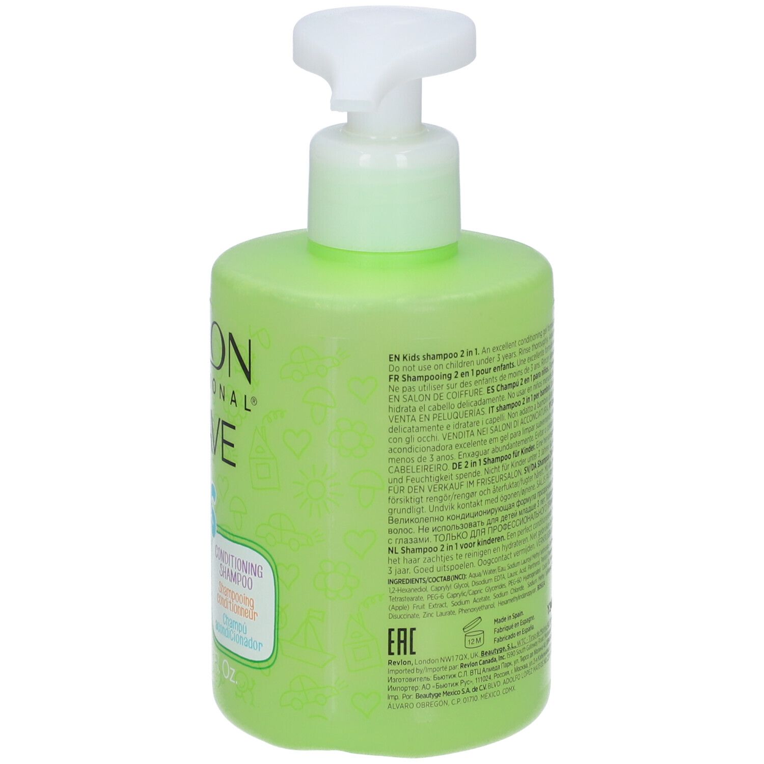 Grüne Shampoo-Flasche mit weißem Pumpkopf. Rückseite mit Text. Revlon Equave Kids.