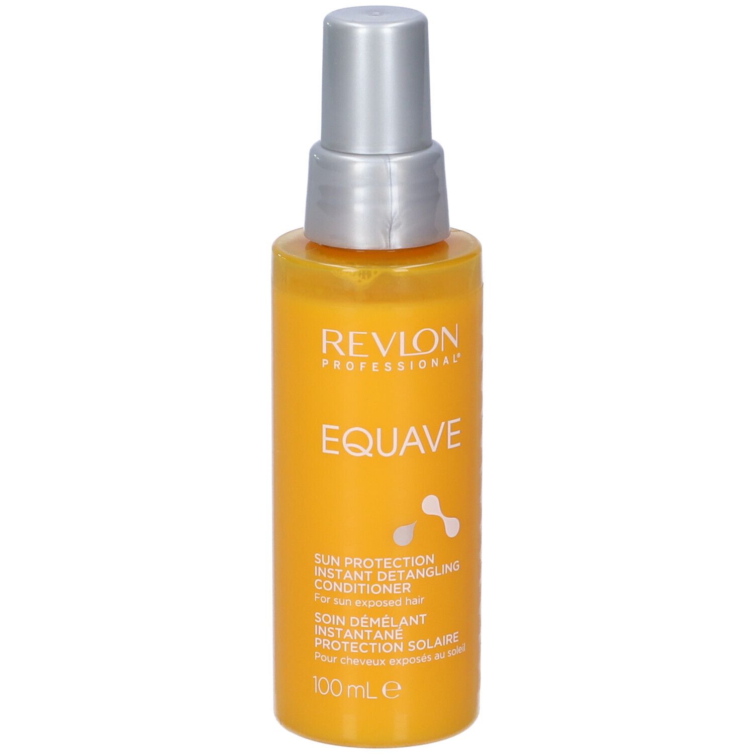 Gelbe Sprühflasche mit silbernem Deckel. Aufschrift: Revlon, EQUAVE, Sun Protection Instant Detangling Conditioner.