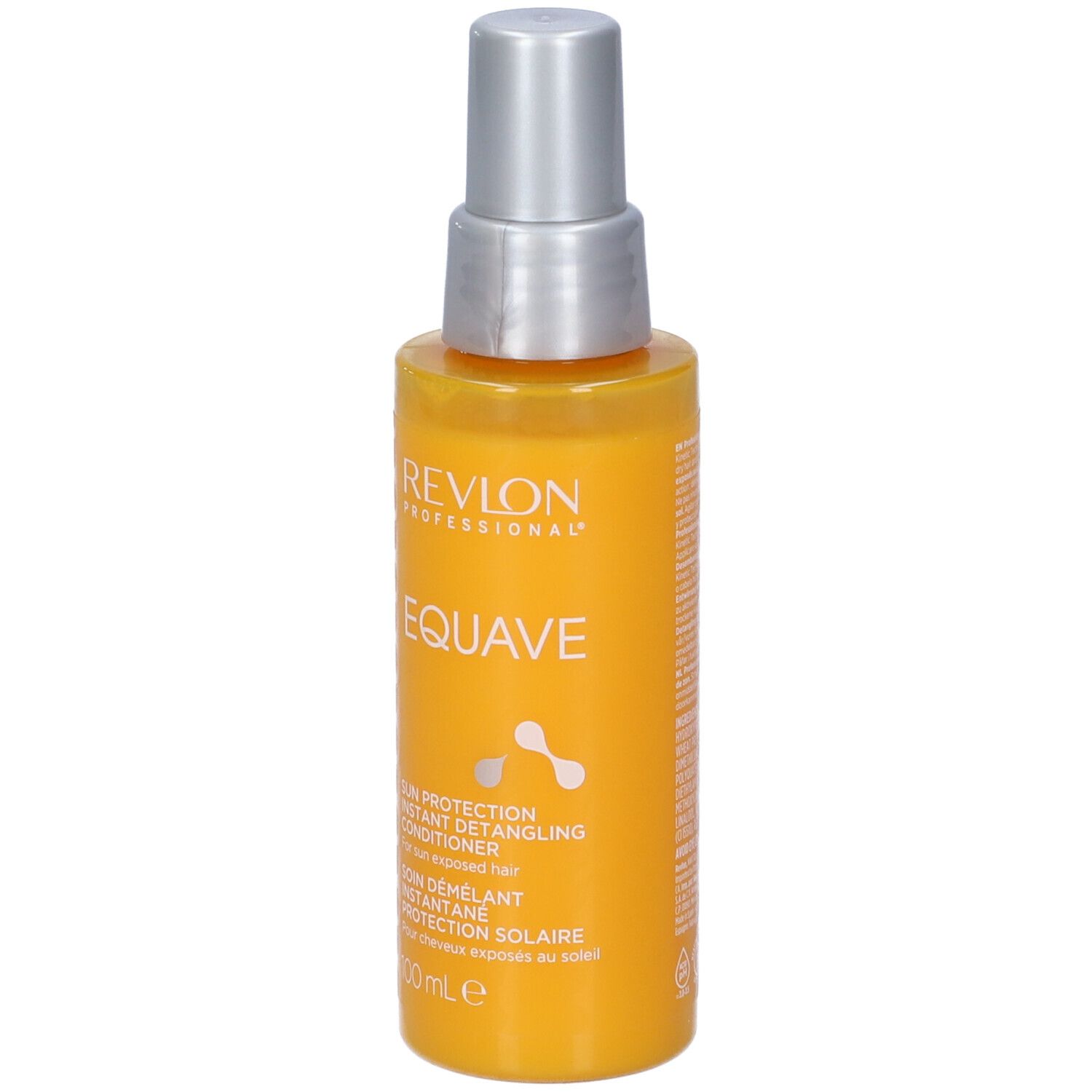 Gelbe Sprühflasche mit silbernem Deckel. Aufschrift: Revlon, EQUAVE, Sun Protection Instant Detangling Conditioner.