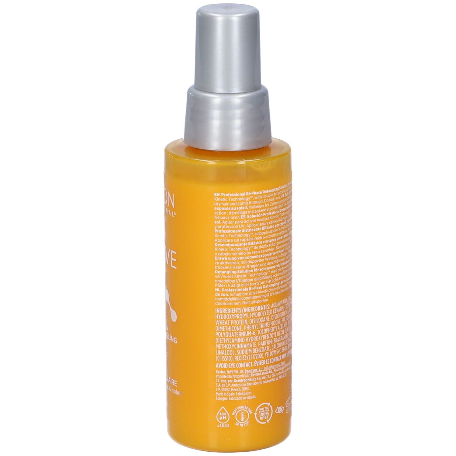 Rückseite der gelben Sprühflasche. Text: Inhaltsstoffe, Warnhinweise, Barcode. Marke: Revlon EQUAVE.