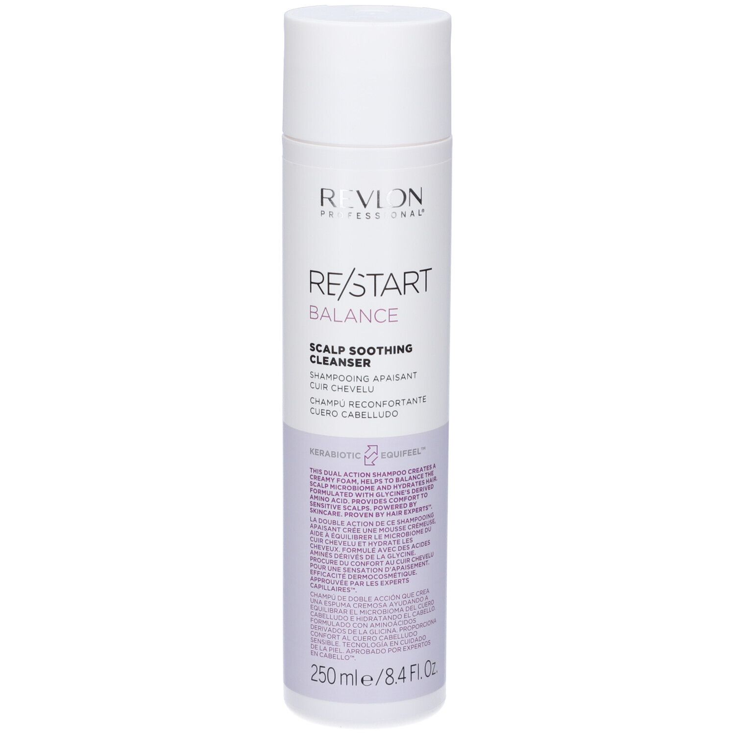 Weiß-lila Flasche. Revlon Re-Start Balance Scalp Soothing Cleanser Shampoo. Text: Shampooing apaisant cuir chevelu. 250 ml.