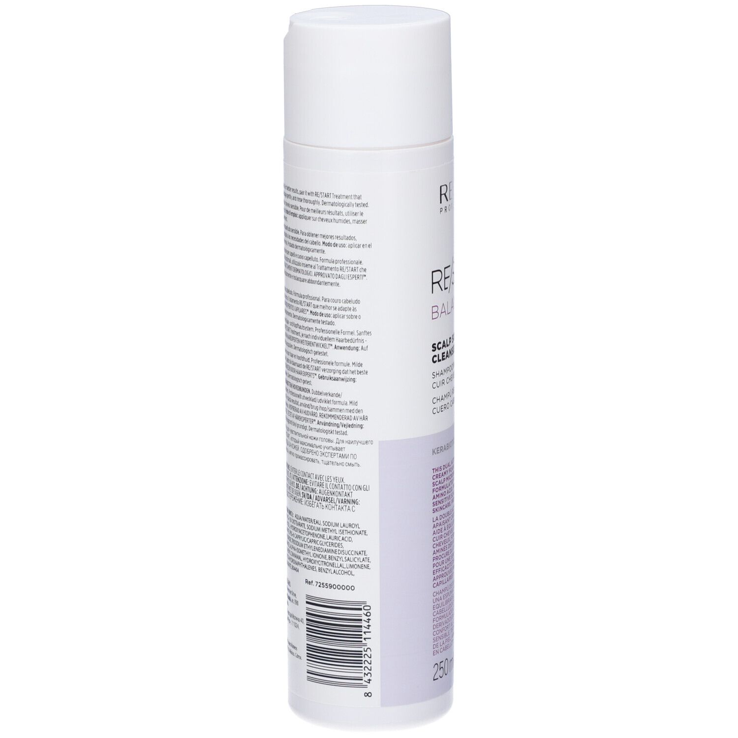Weiße Flasche, Rückseite. Text. Revlon Re-Start Balance Scalp Soothing Cleanser Shampoo. Barcode. 250 ml. Inhaltsstoffe.