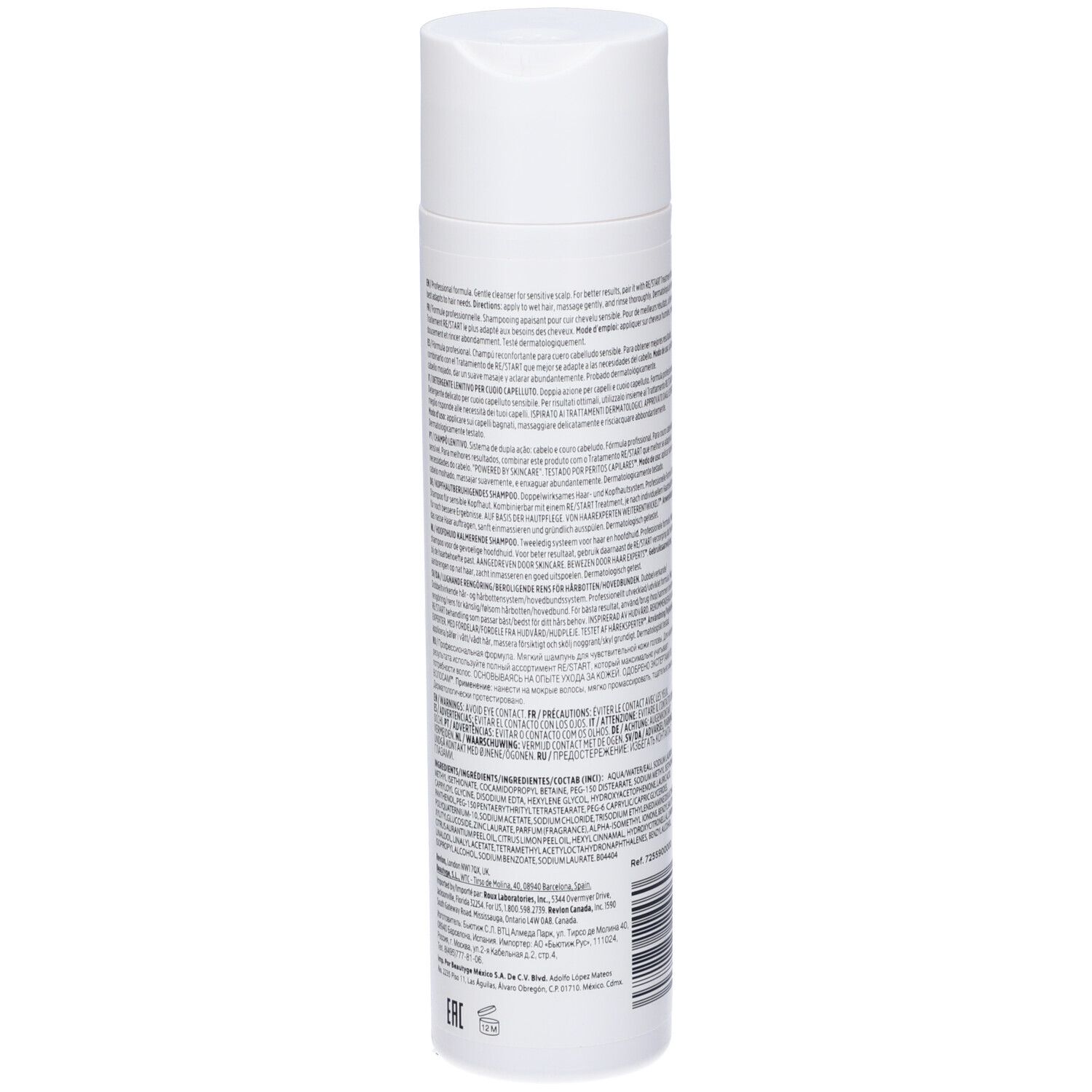 Weiße Flasche, Rückseite. Text. Revlon Re-Start Balance Scalp Soothing Cleanser Shampoo. Inhaltsstoffe. Barcode. 250 ml.