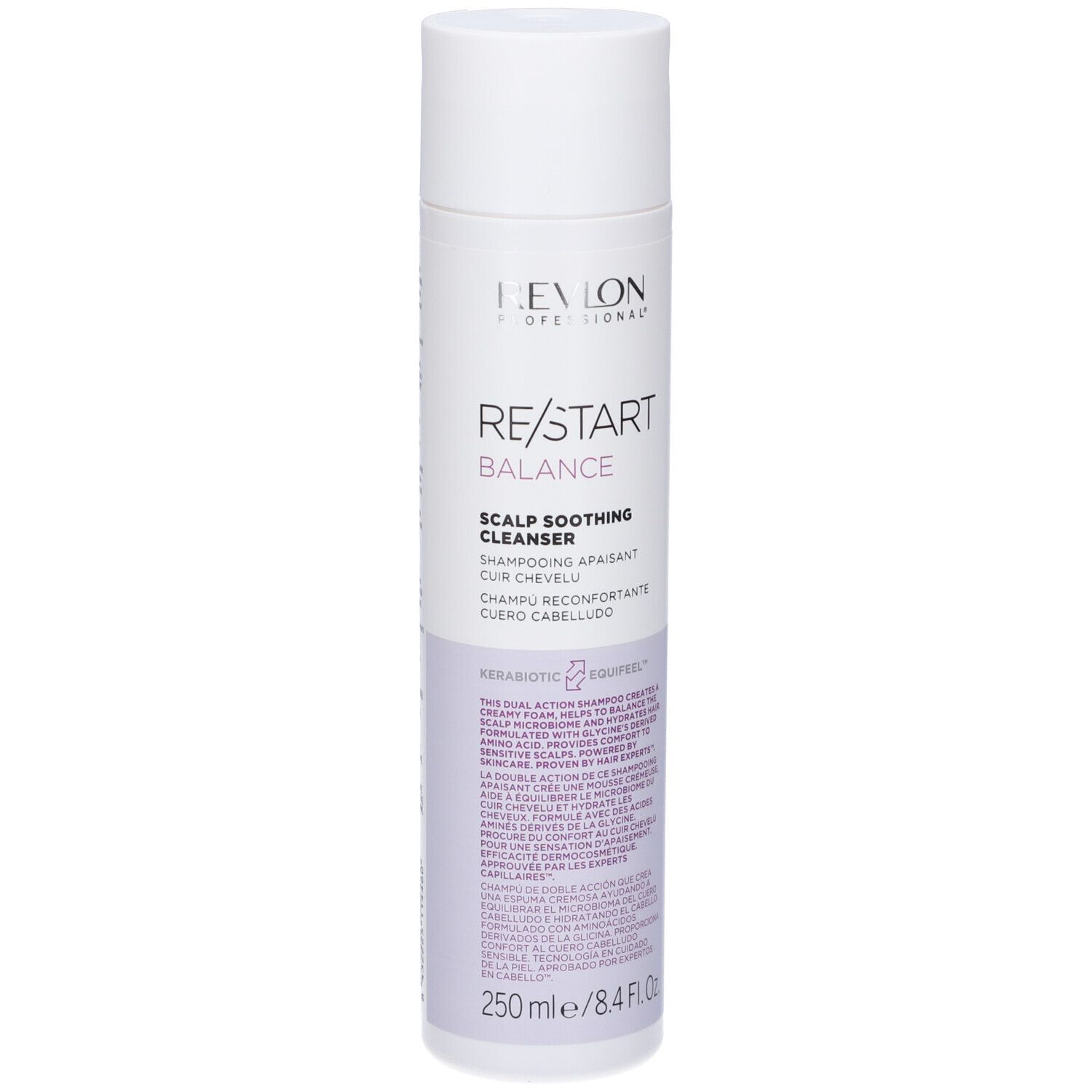 Weiß-lila Flasche. Revlon Re-Start Balance Scalp Soothing Cleanser Shampoo. Text: Shampooing apaisant cuir chevelu. 250 ml.