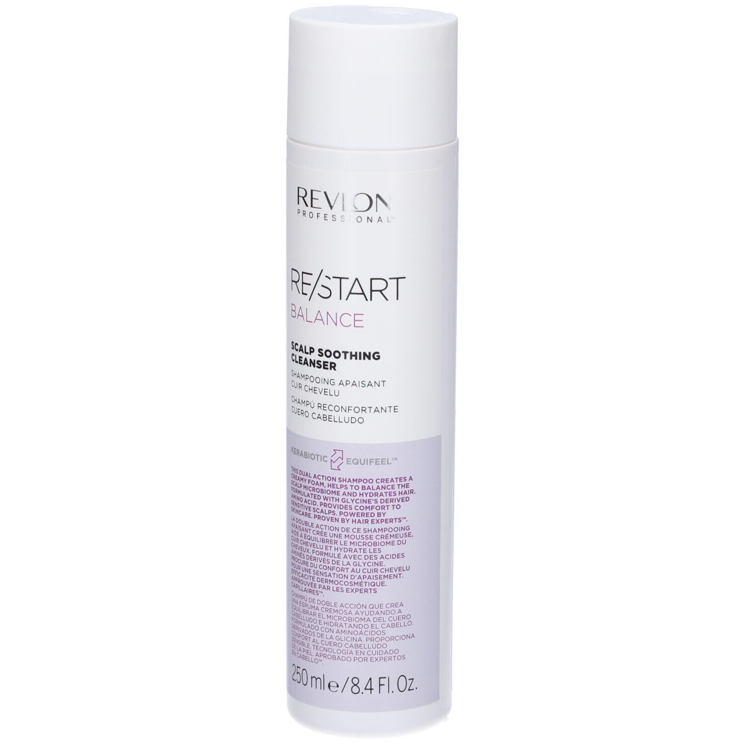 Weiß-lila Flasche. Revlon Re-Start Balance Scalp Soothing Cleanser Shampoo. Text: Shampooing apaisant cuir chevelu. 250 ml.