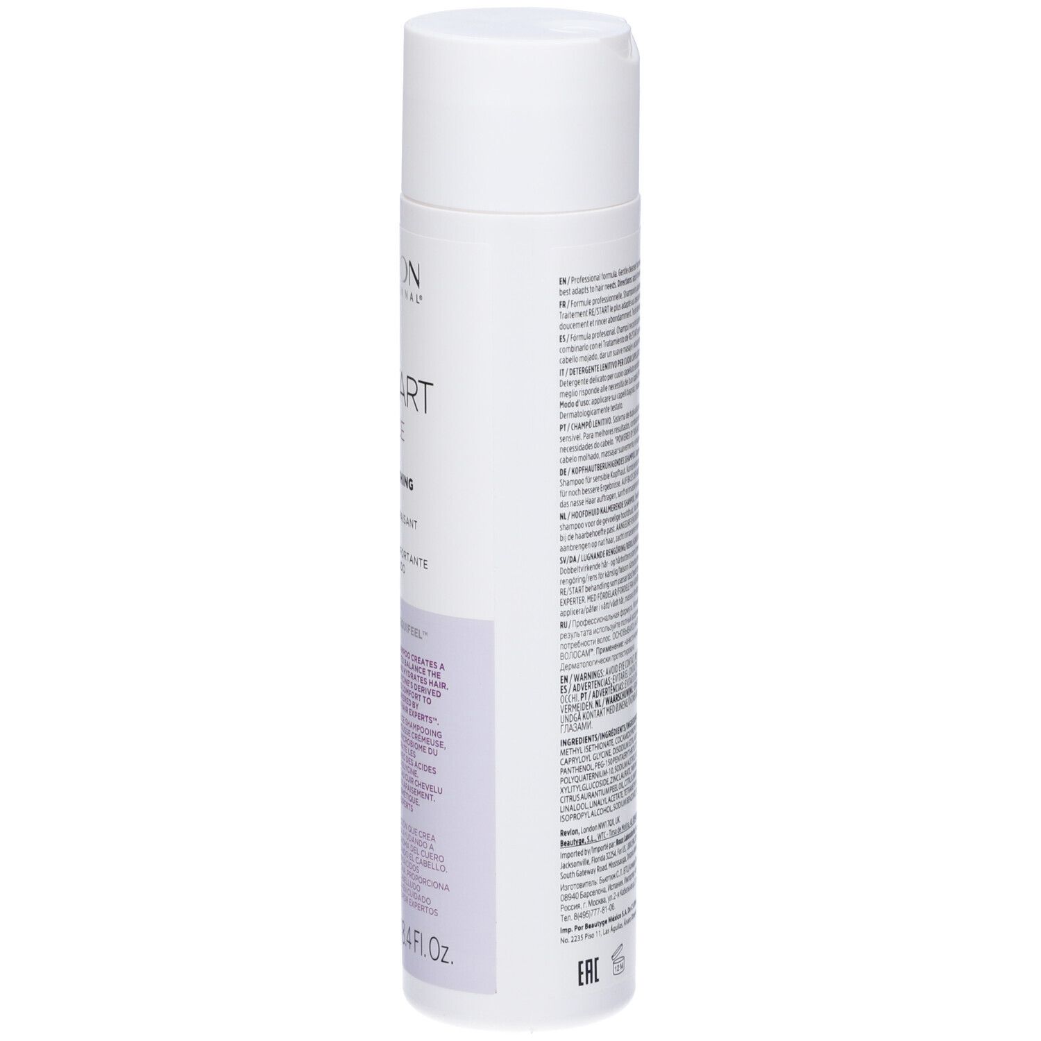 Weiße Flasche, Rückseite. Text. Revlon Re-Start Balance Scalp Soothing Cleanser Shampoo. Inhaltsstoffe. 250 ml.
