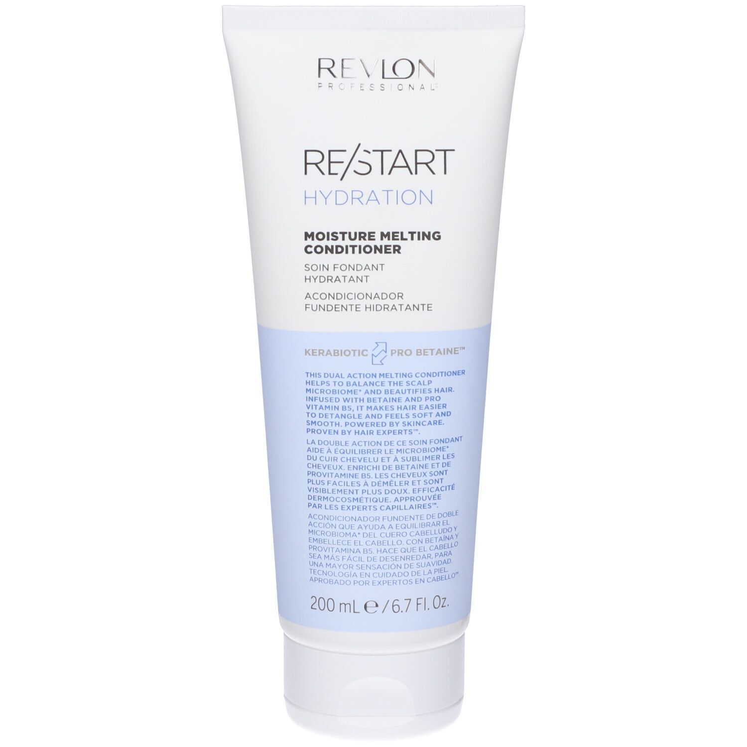 Weiß-blaue Tube mit Produktinformationen. Aufschrift: Revlon, Re/Start Hydration, Moisture Melting Conditioner. 200 ml.