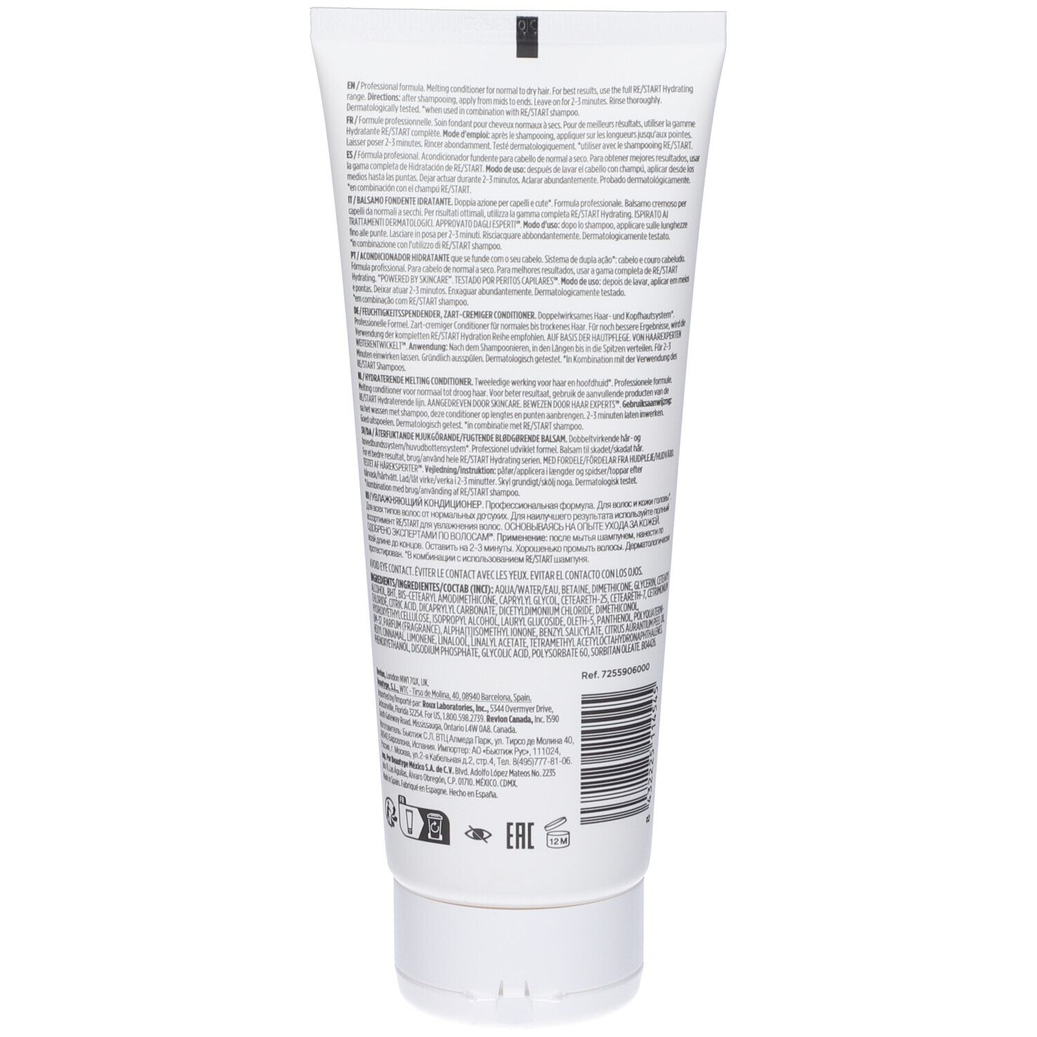 Rückseite einer weißen Tube. Text in mehreren Sprachen. Barcode und Logos. Herstellerinformationen.