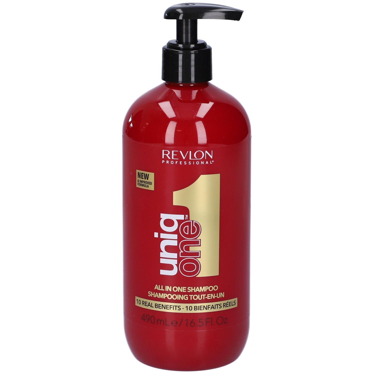 Rote Shampoo-Flasche mit schwarzem Pumpkopf. Aufschrift: Revlon, Uniq One, All in One Shampoo. 490ml/16.5 fl.oz.