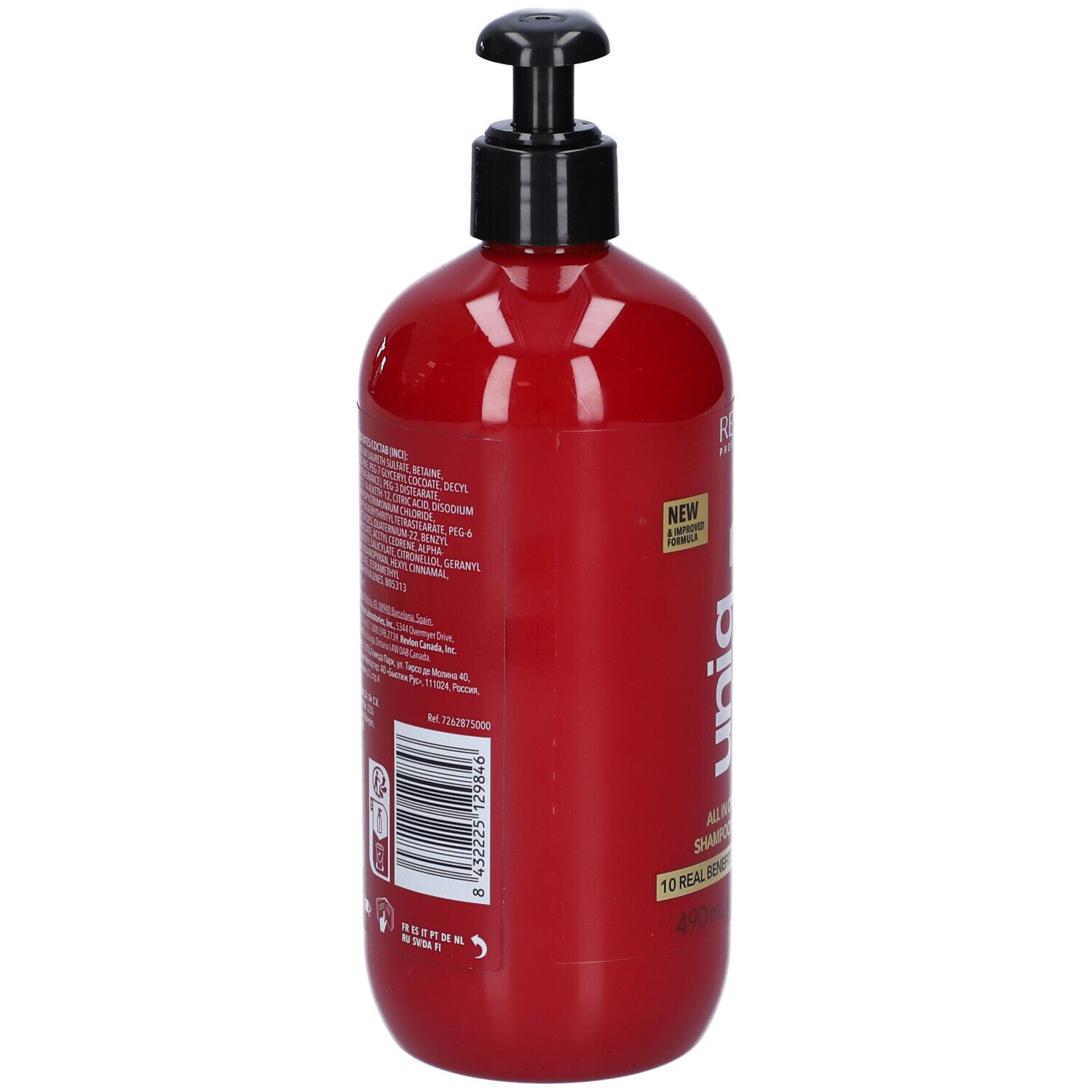 Rote Shampoo-Flasche, Rückseite mit Text und Barcode. Enthält Inhaltsstoffe und Herstellerinformationen. Schwarzer Pumpkopf.