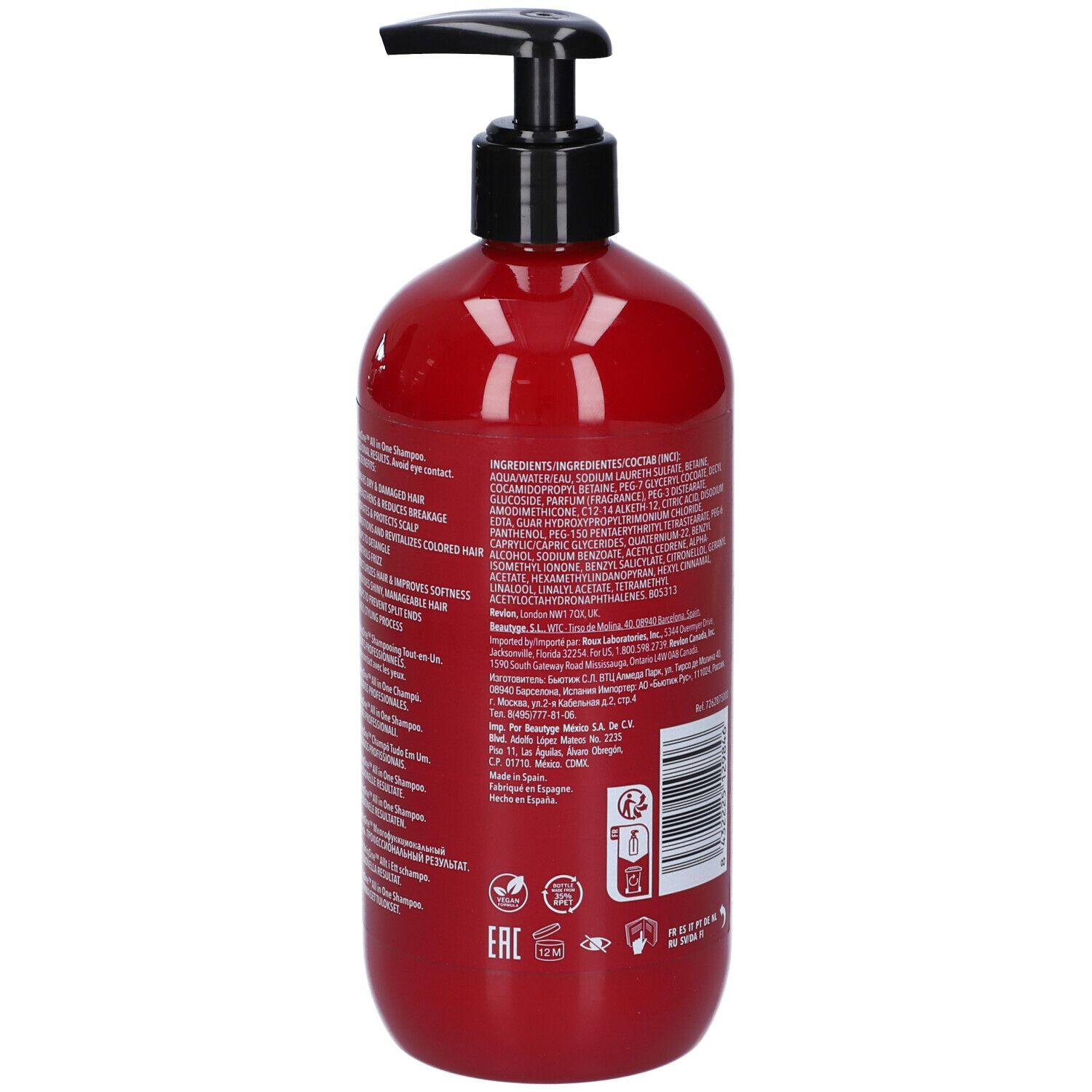 Rückseite der roten Shampoo-Flasche mit Text. Enthält Inhaltsstoffe, Herstellerinformationen und Zertifizierungen.