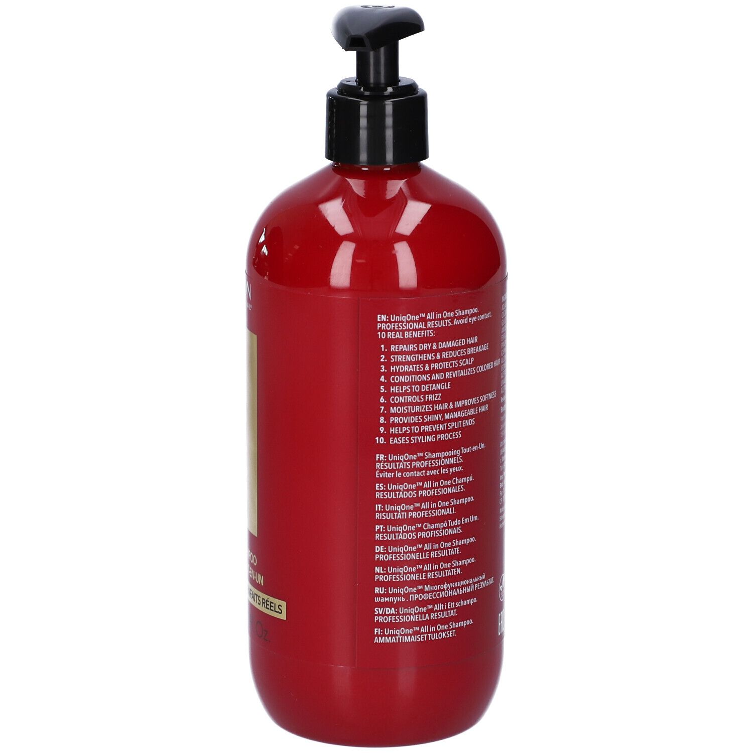 Rückseite der roten Shampoo-Flasche mit Text. Enthält Vorteile des Produkts in mehreren Sprachen.