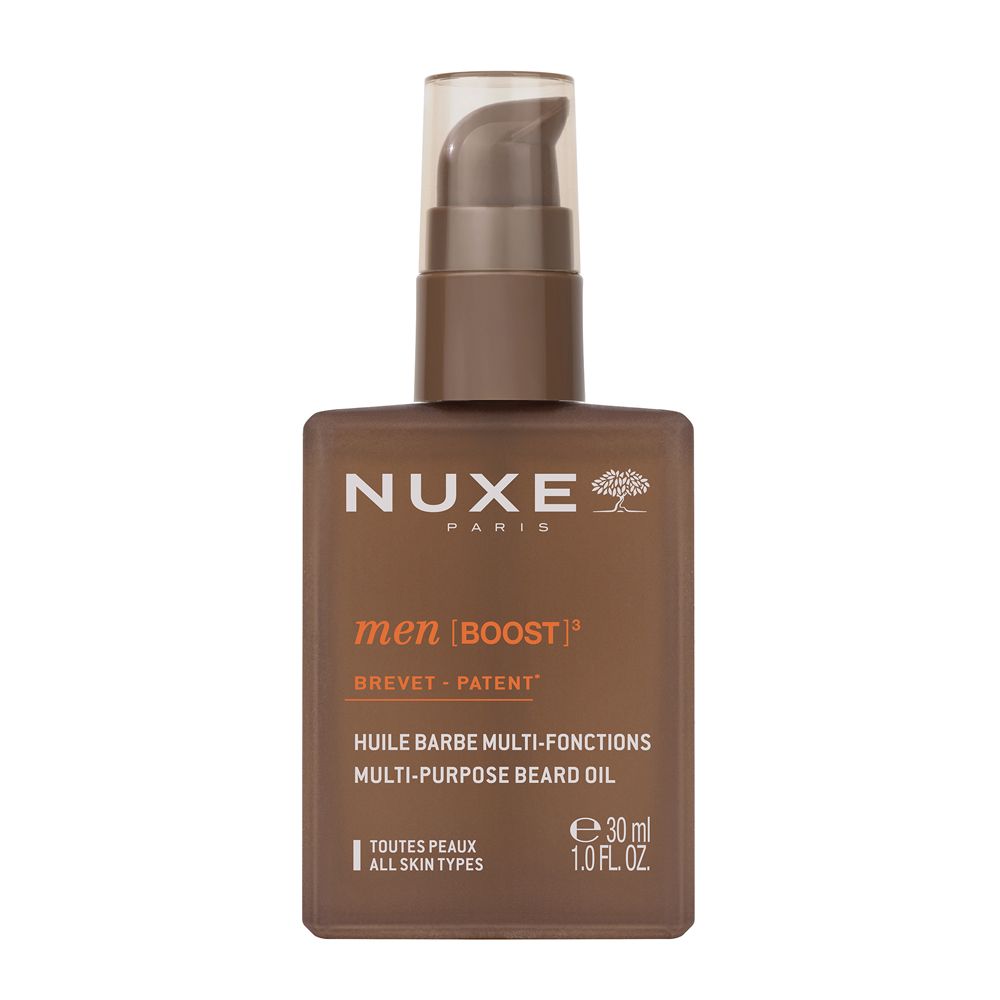 Braune Flasche mit Pumpe. Aufschrift: NUXE PARIS, men [BOOST] brevet - patent. Multi-Purpose Beard Oil. Für alle Hauttypen.