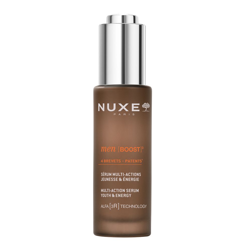 Braune Glasflasche mit silbernem Deckel. Aufschrift: Nuxe Paris, Men Boost, Serum Multi-Actions, Jeunesse & Energie.