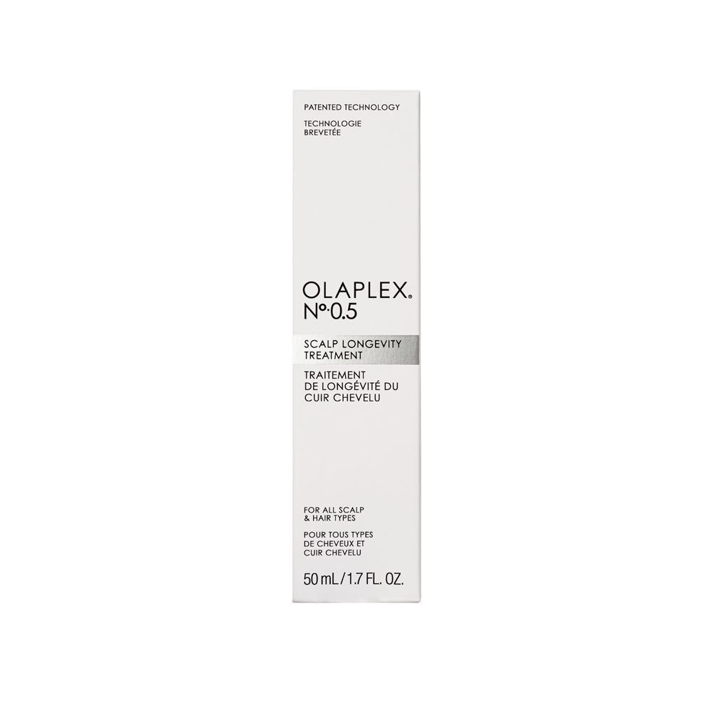 Olaplex N°.0.5 Scalp Longevity Treatment. Weiße Verpackung mit Produktinformationen und Marke. Text in mehreren Sprachen.