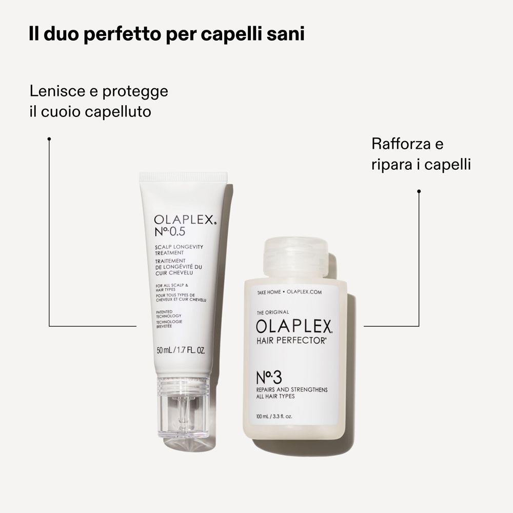 Olaplex N°.0.5 und Olaplex N°.3. Zwei Produkte nebeneinander. Weiße Verpackung.