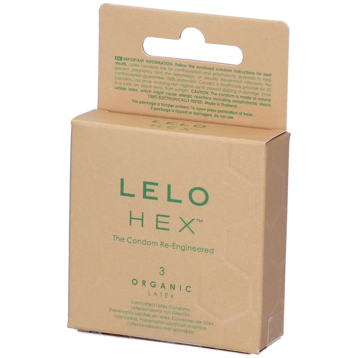 Kartonverpackung mit LELO HEX-Logo und Text. Enthält 3 Kondome aus Bio-Latex. Aufdruck: The Condom Re-Engineered.